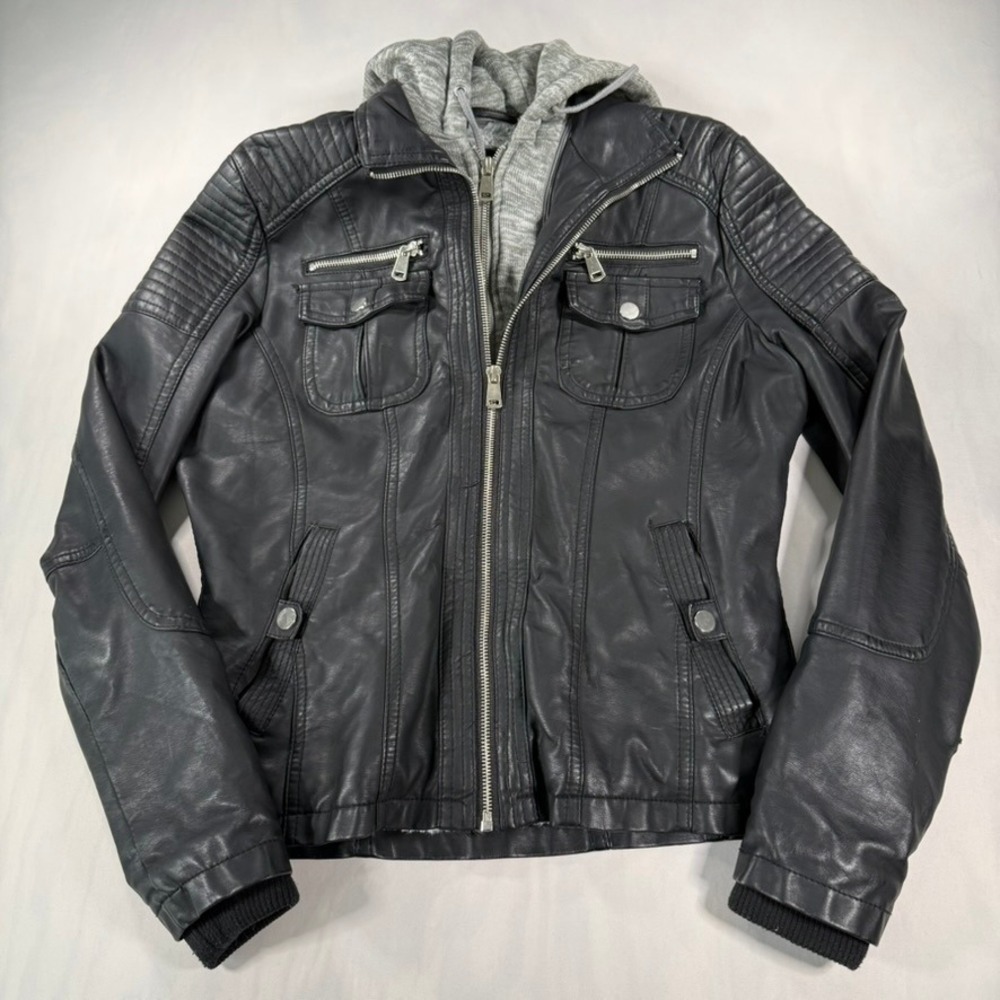 YMI Faux Leather Moto Jacket Womens Small Black Grey Hooded Fur Lined Biker